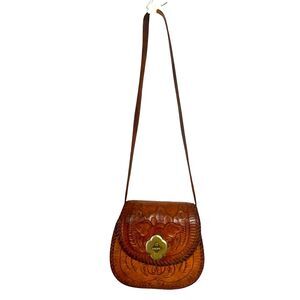 VTG Hand Carved Western Boho Cowhide Leather Shoulder Bag Purse Laced 7x6x3